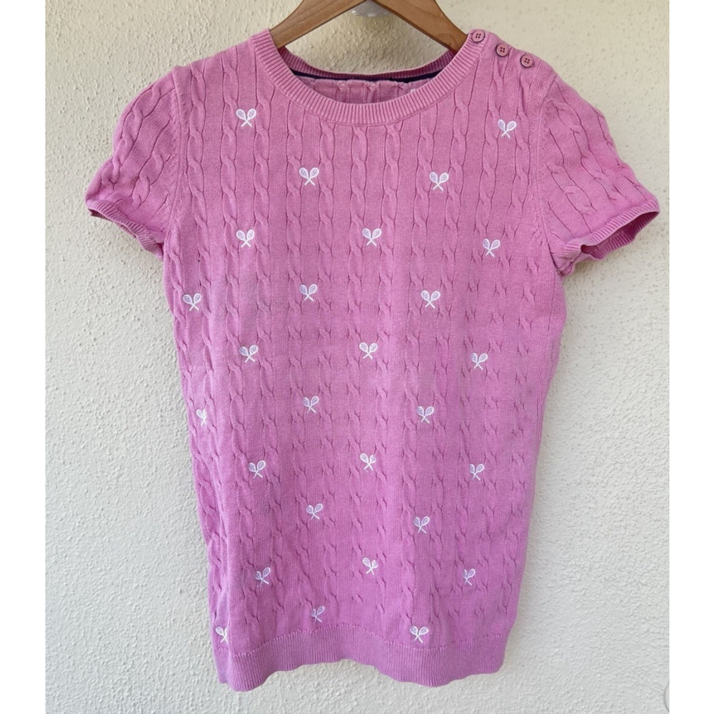 Talbots Pink Cable Knit Embroidered Tennis Racket Sweater Small Preppy Academia